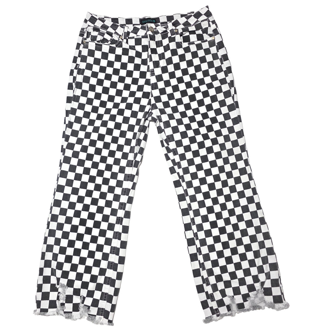 Sterling Kreek Round the Track Checkered Jeans Size 9/10 Distressed Hem